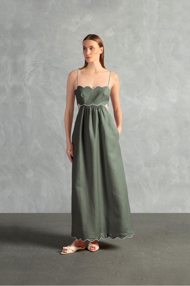 Vestido Longo Detalhe Ondas Verde Militar