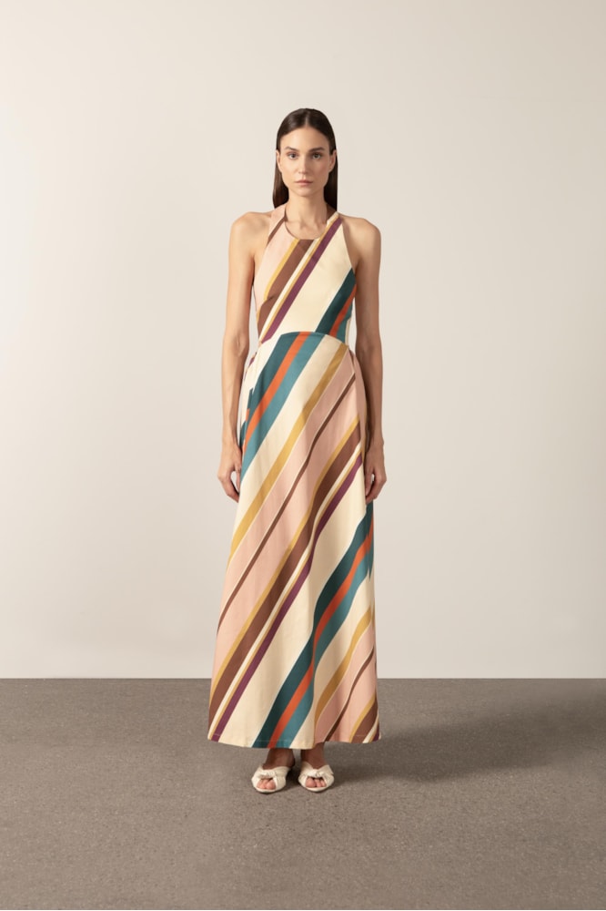 Vestido Longo Laço Costas Listras Diagonais Unico
