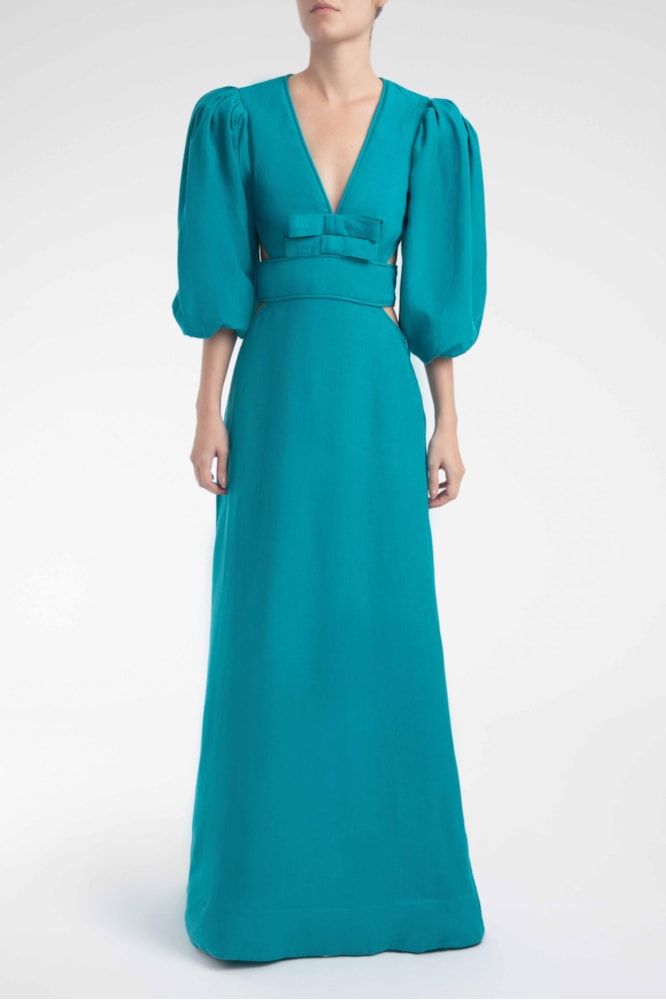 Vestido Longo Lacos Decote v Lipstick Azul