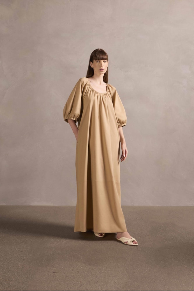 Vestido Longo Manga Bufante Mobile Bege