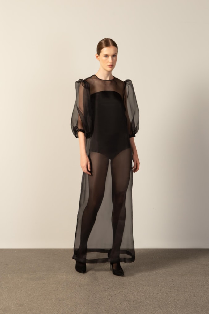 Vestido Longo Manga Bufante Preto