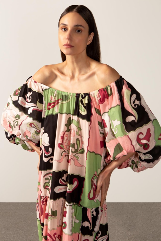 Vestido Longo Manga Bufante Rosa