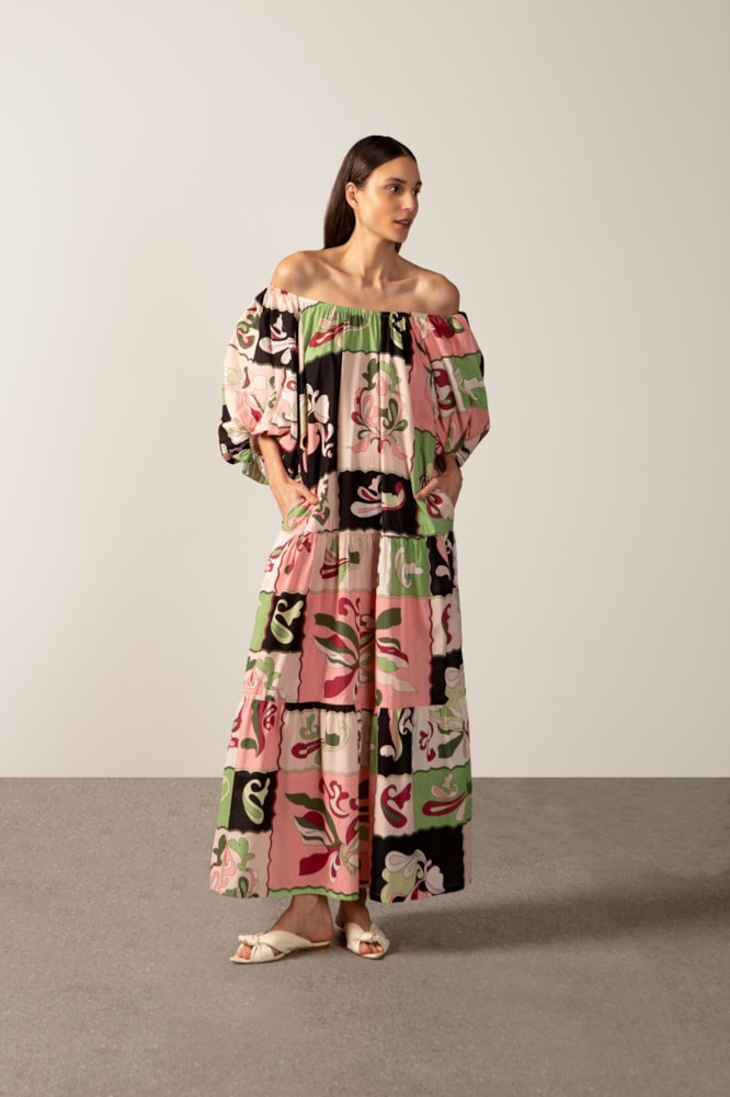 Vestido Longo Manga Bufante Rosa