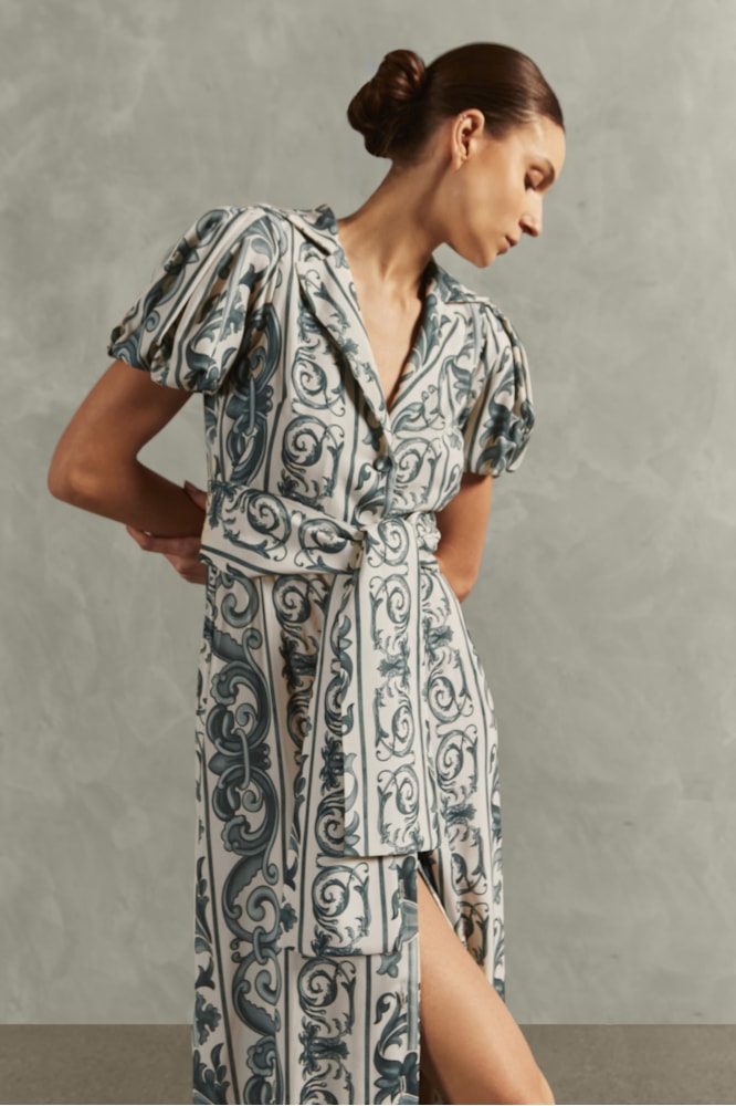 Vestido Longo Manga Curta Hera Azul