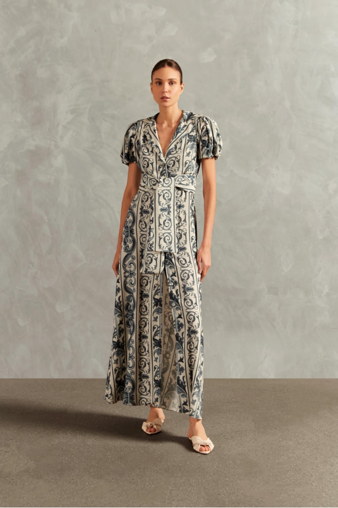 Vestido Longo Manga Curta Hera Azul