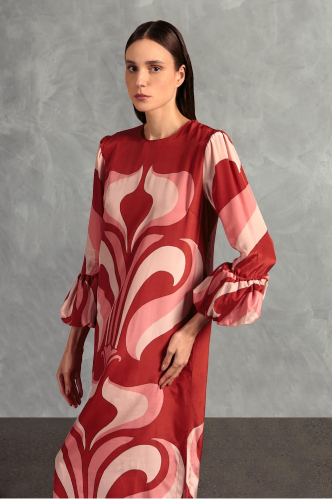 Vestido Longo Punho Balonê Lírio Vintage Vinho