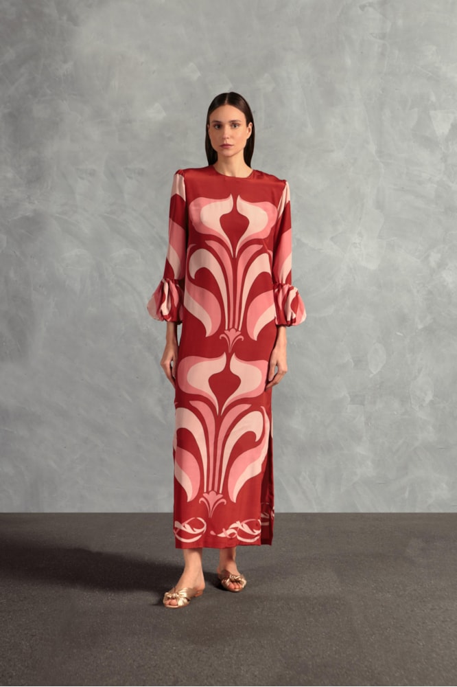 Vestido Longo Punho Balonê Lírio Vintage Vinho