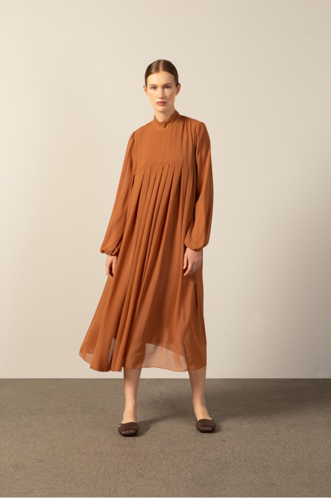 Vestido Manga Longa Com Volume Cappuccino