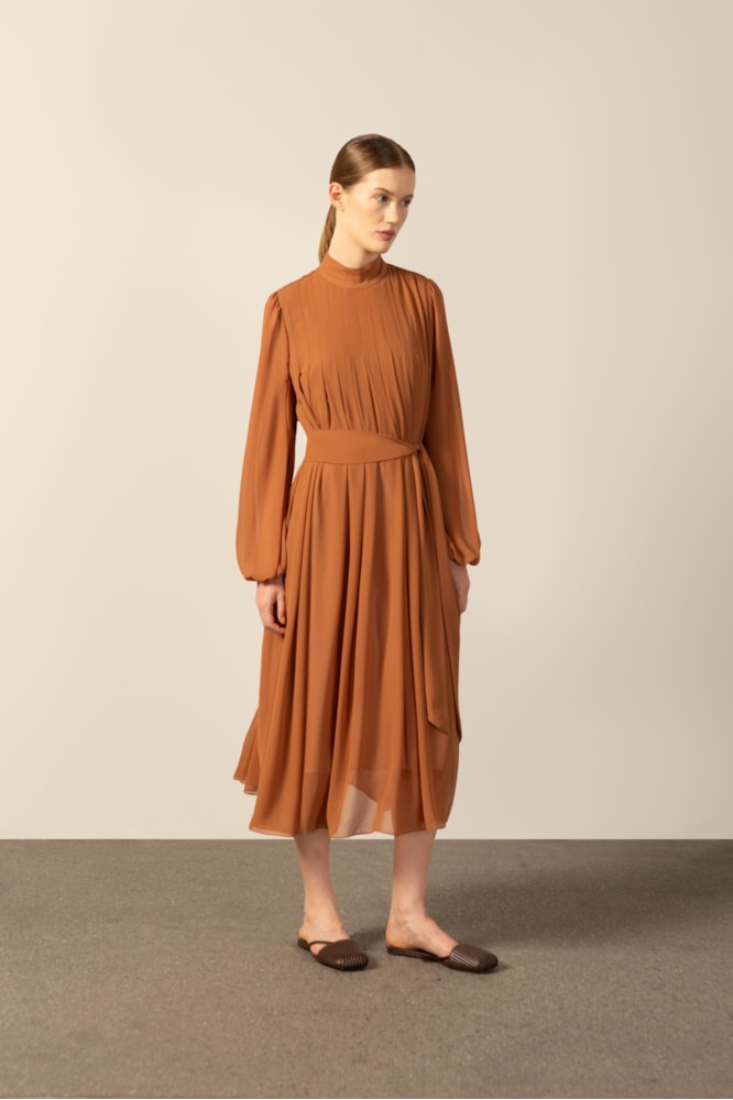 Vestido Manga Longa Com Volume Cappuccino