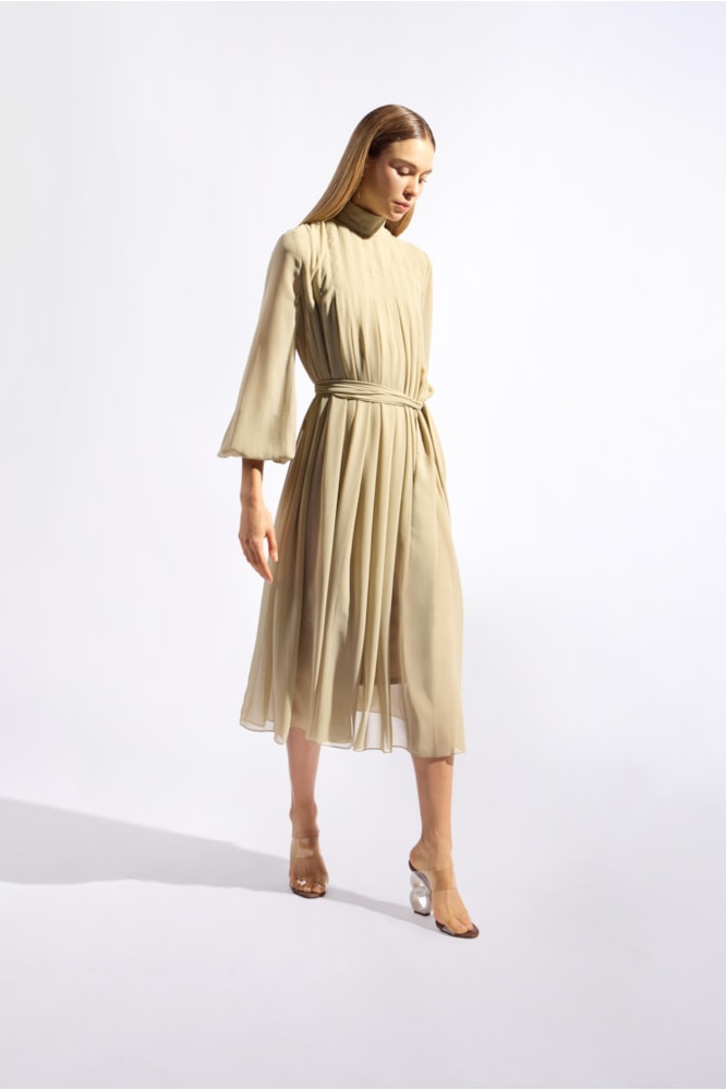 Vestido Manga Longa Com Volume Verde Claro