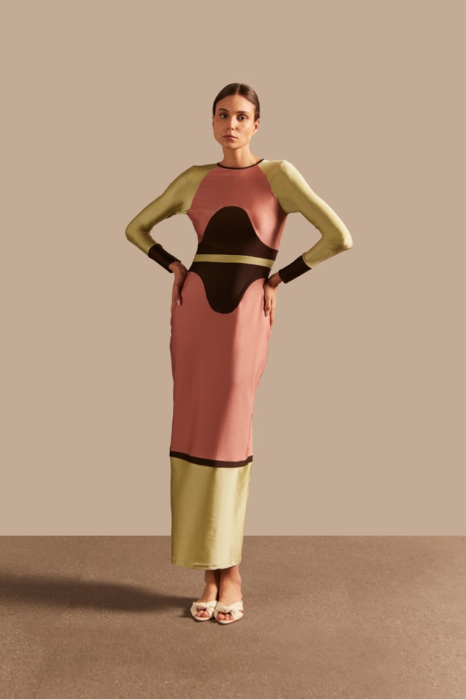 Vestido Manga Longa Lycra Giardino  Rosa Callas/Café/Verde Oliva