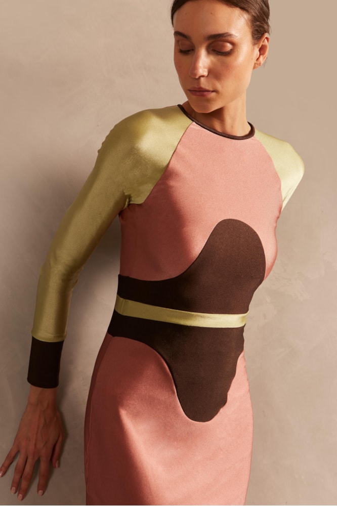 Vestido Manga Longa Lycra Giardino  Rosa Callas/Café/Verde Oliva