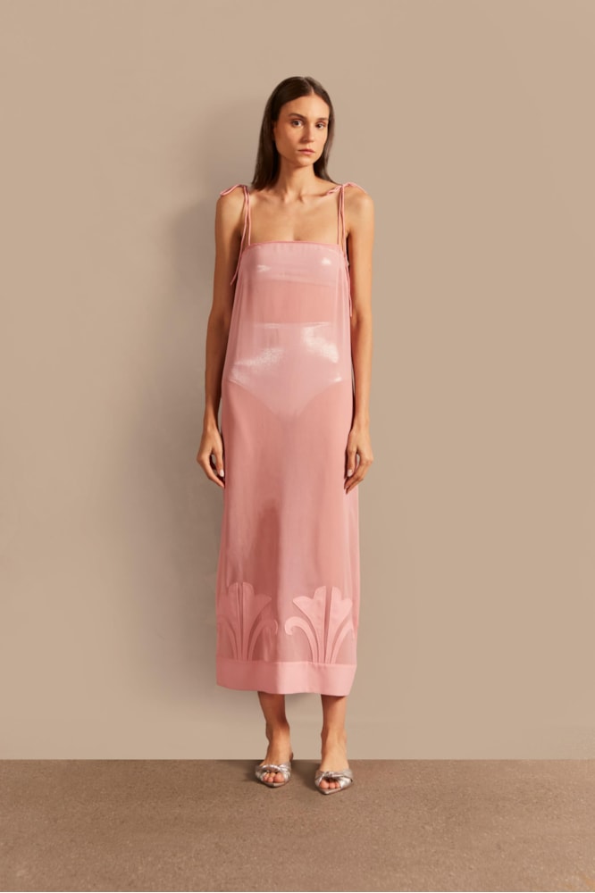 Vestido Midi Aplicação na Barra Lírio Vintage Lisos Rosa