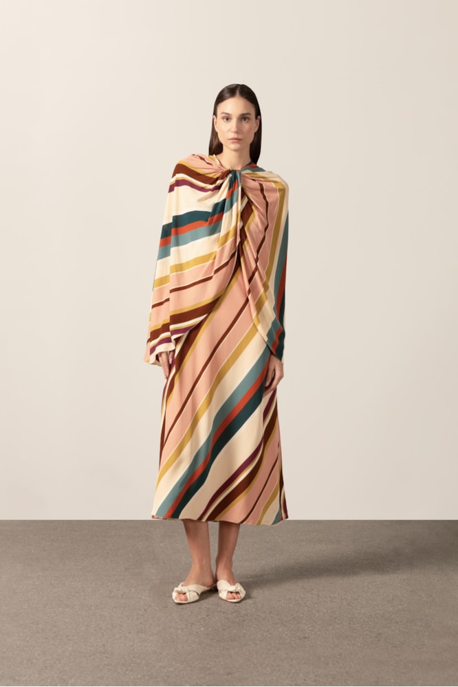 Vestido Midi Com Capa Listras Diagonais Unico
