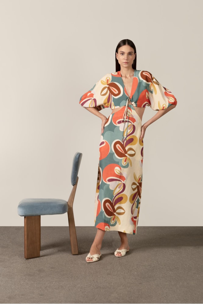 Vestido Midi Manga Bufante Floral Organic Unico