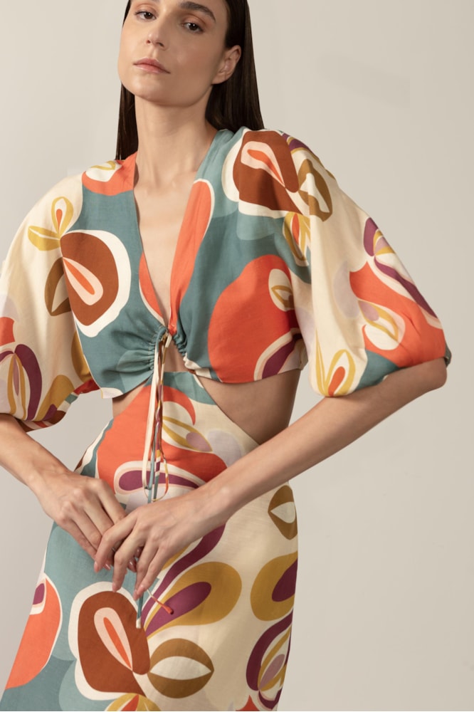 Vestido Midi Manga Bufante Floral Organic Unico