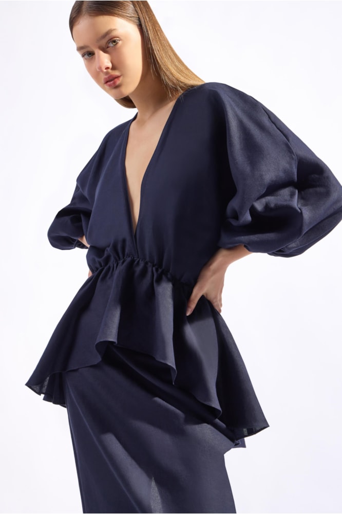 Vestido Midi Peplum Bicolor Marinho