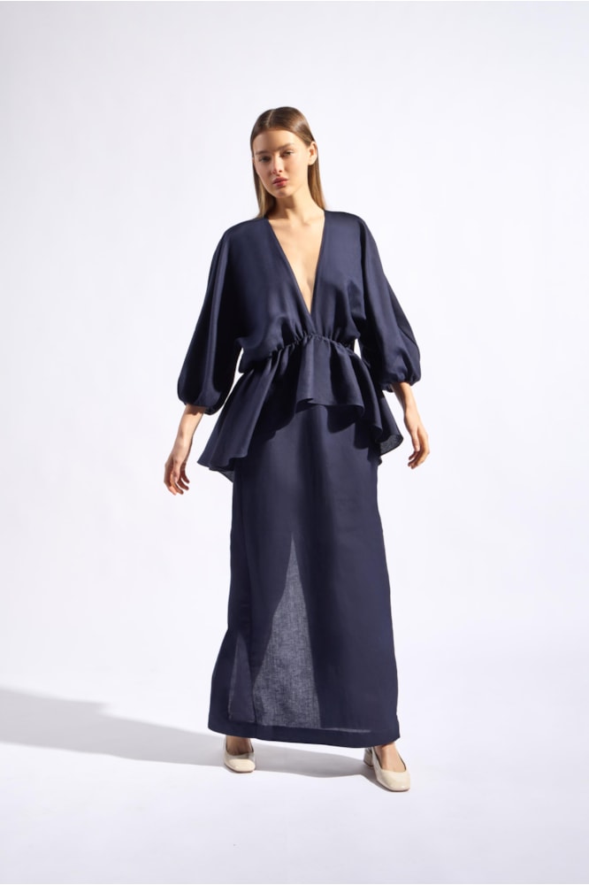 Vestido Midi Peplum Bicolor Marinho