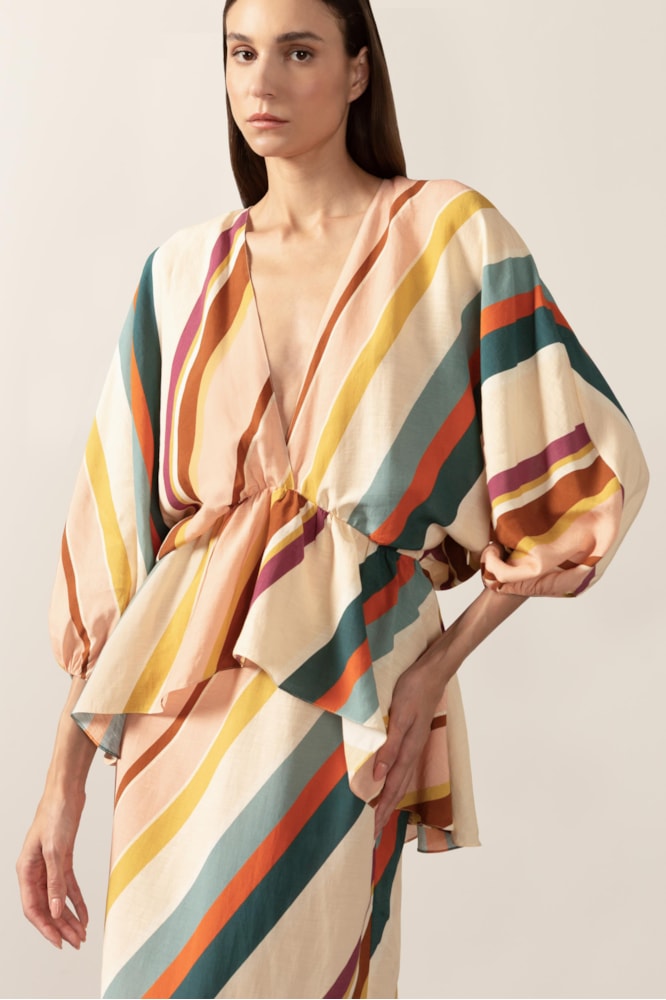 Vestido Midi Peplum Listras Diagonais Unico