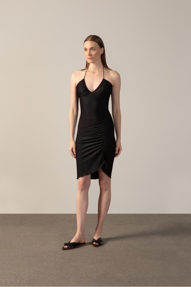 Vestido Midi Tomara Que Caia Franzido Lisos Preto