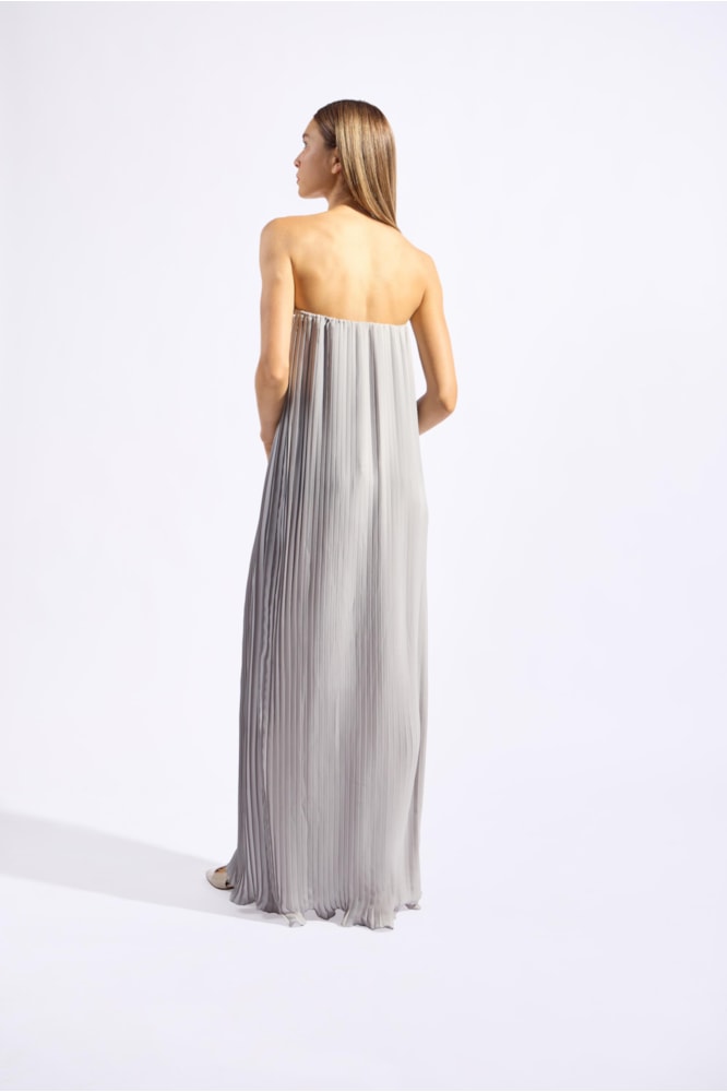 Vestido Plissado Longo Alças Cristais