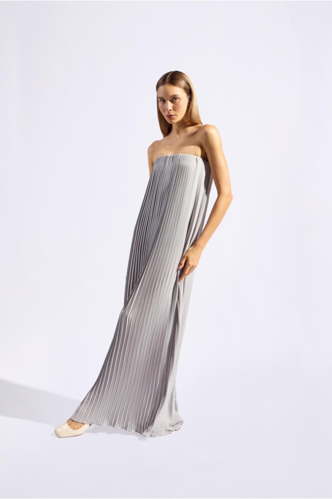 Vestido Plissado Longo Alças Cristais