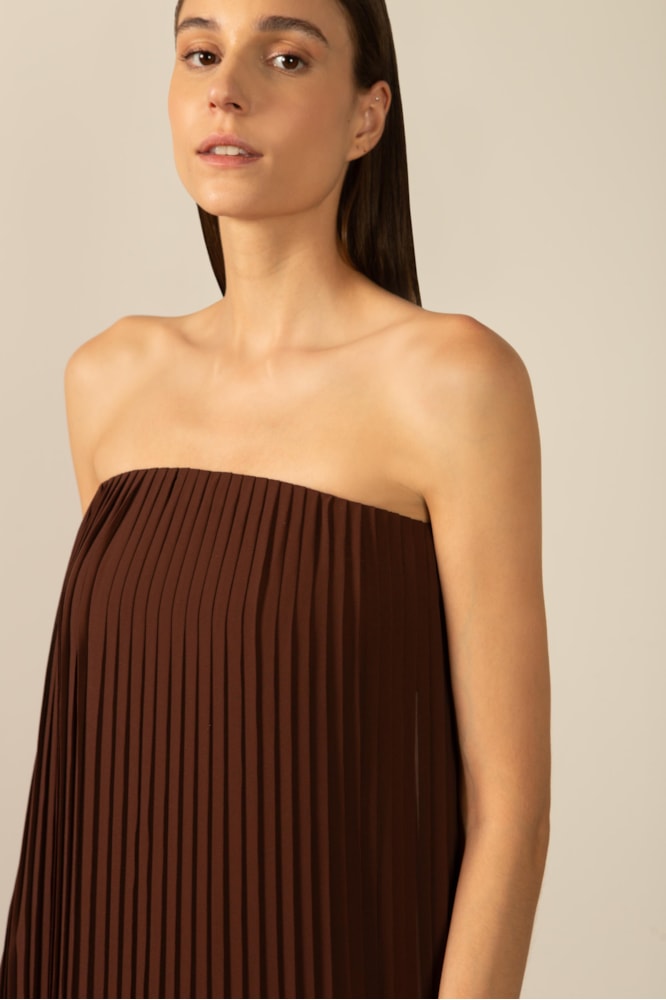 Vestido Plissado Longo Alças Cristais Cappuccino