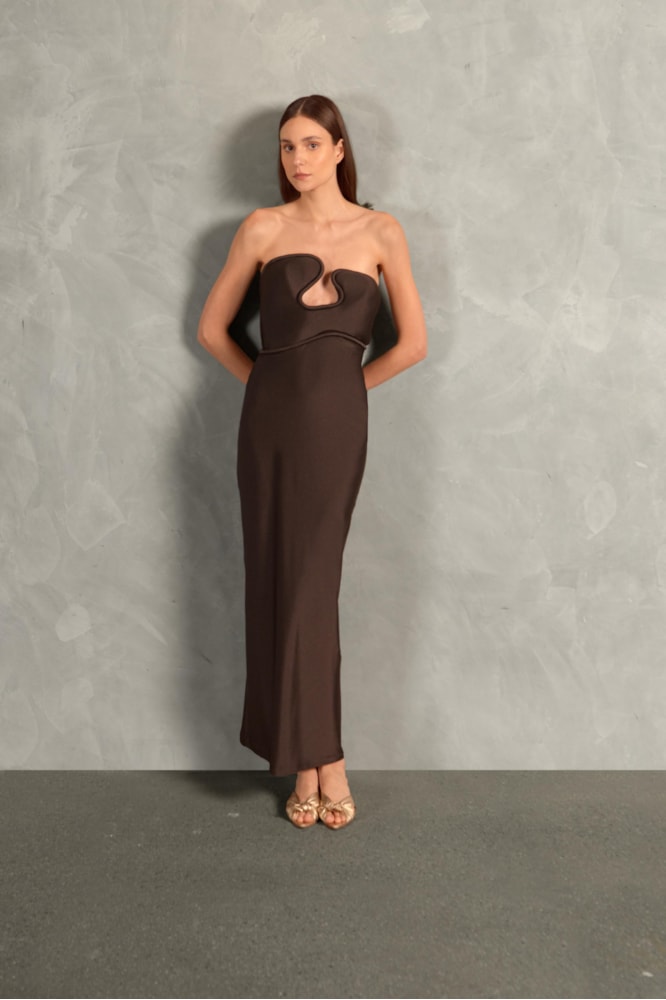 Vestido Tomara Que Caia Lycra Ondas 3d Inamorata Liso Marrom Cafe